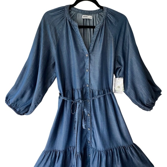 NWT | BOHO CHAMBRAY BLUE BUTTON UP DRESS RUFFLE HEM BALLOON SLEEVE | SIZE: SMALL - Picture 3 of 10